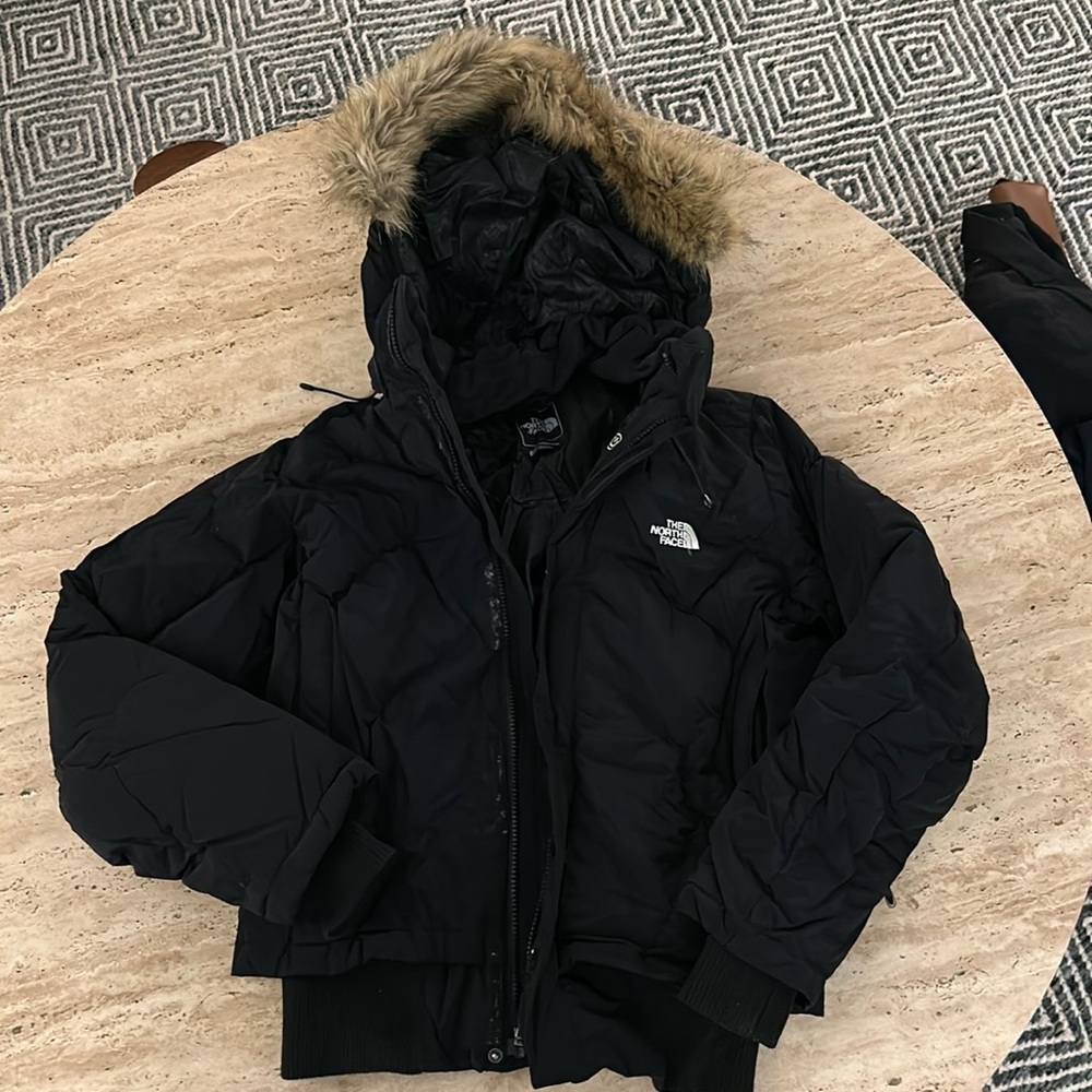 Black Northface Bomber Jacket, Fur-Lined Hood